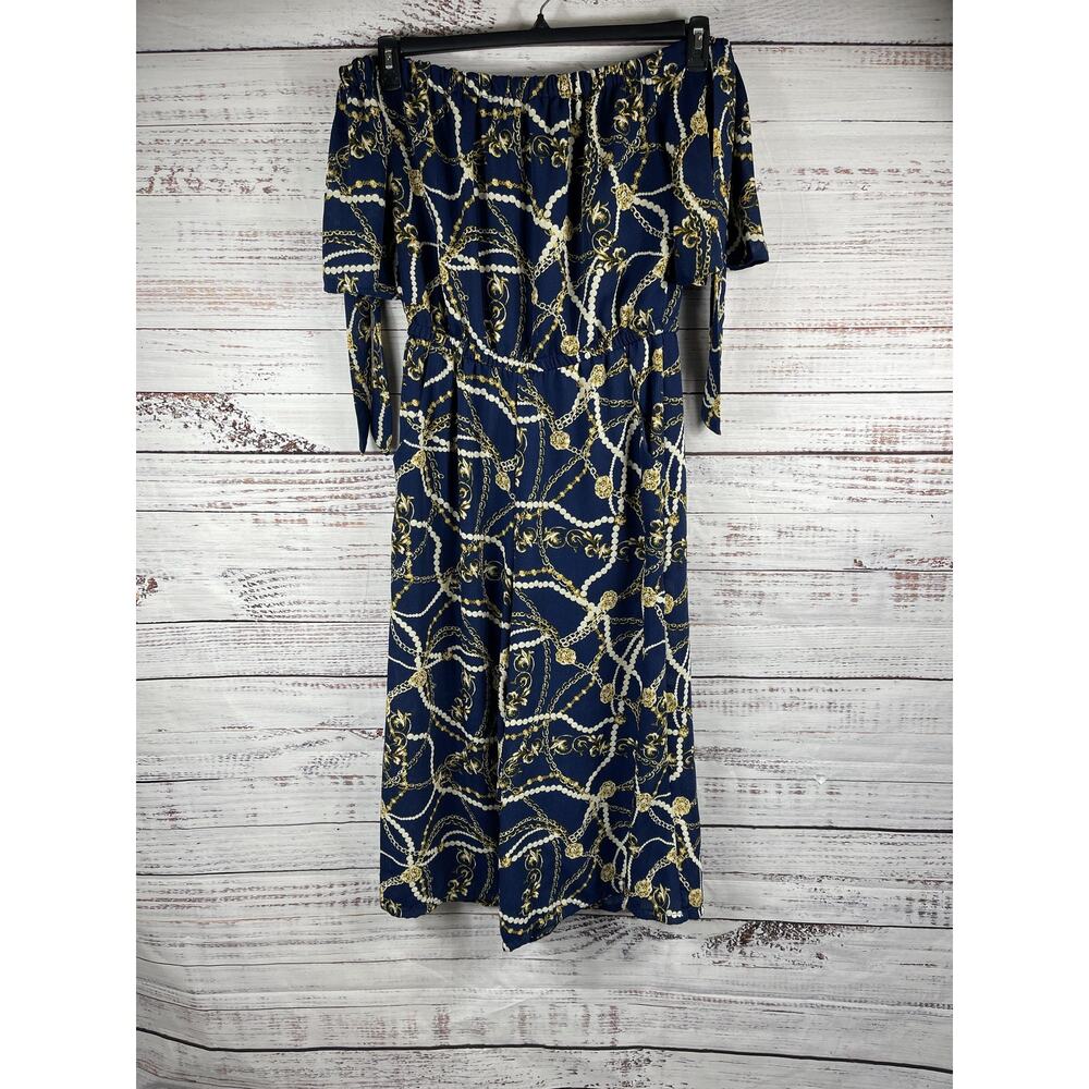 A.U.W Off Shoulder Jumpsuit Women's 12 Navy Chain Pearl Print Wide Leg Pockets